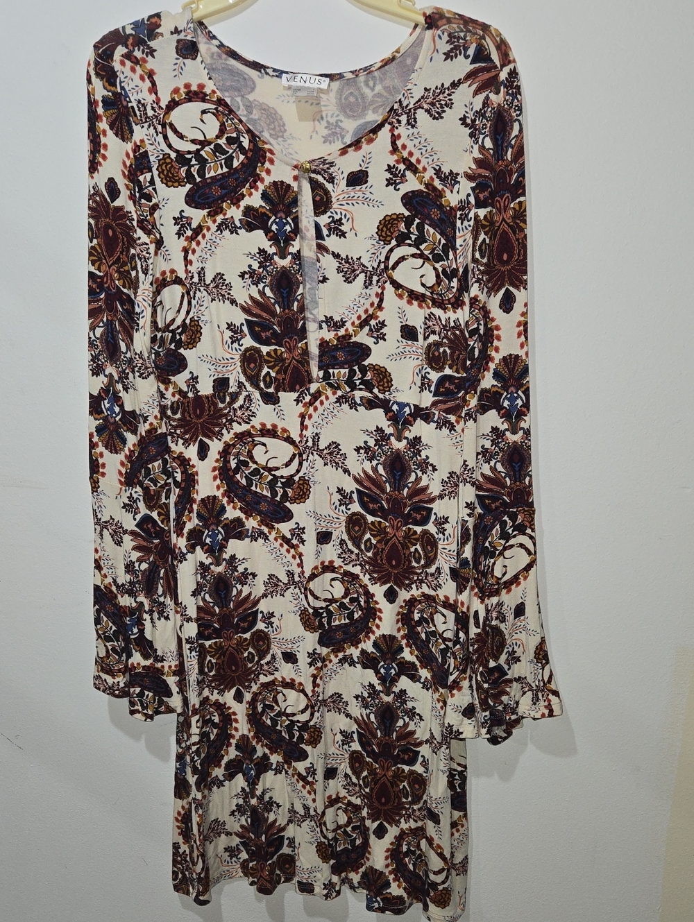 VENUS Cream Paisley-Print Long-Sleeve Dress with Brown & Navy Accents